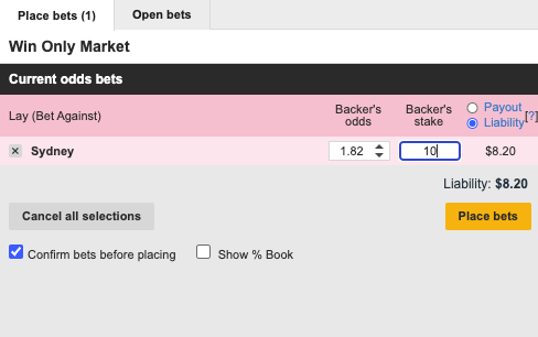 A screenshot showing the steps to place a Lay Bet against a team on Betfair.